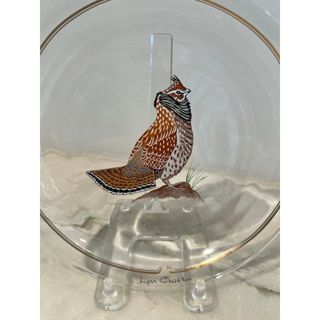 Mint condition collection of Lynn Chase glassware canapé plates, 7” round, in the Winter Game Birds pattern. Each plate...