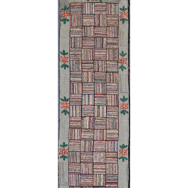 Measures: 2'4 x 11'2. Antique American Hooked runner with colorful patchwork design. Keivan Woven Arts / rug J10-1002,...