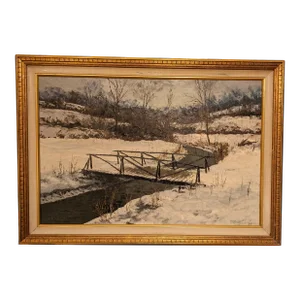 Winter Bridge Scene Oil Painting by Argentinian Segundo Huertas (1923-2010)