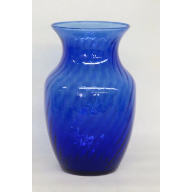 Indiana Glass Style Cobalt Blue Optic Swirl Hand Blown Vase For Sale - Image 12 of 12