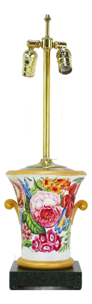 Vintage Floral Hand-Painted Brunschwig & Fils Wooden Table Lamps With Green Faux Marble Bases