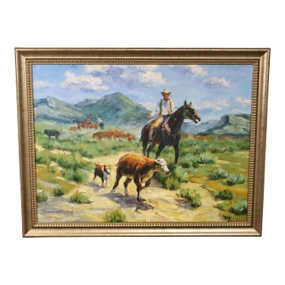 Late 20th Century Western Cowboy on Horse Oil Painting on Canvas 55" x 43" Signed 'S. T. Cesent' in Gold Gilt Frame For Sale