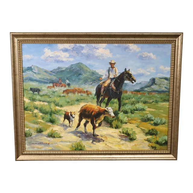 Late 20th Century Western Cowboy on Horse Oil Painting on Canvas 55" x 43" Signed 'S. T. Cesent' in Gold Gilt Frame For Sale