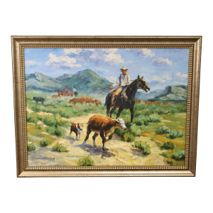 Late 20th Century Western Cowboy on Horse Oil Painting on Canvas 55" x 43" Signed 'S. T. Cesent' in Gold Gilt Frame