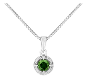 .925 Sterling Silver 1/10 Cttw Treated Green Diamond Solitaire 18" Milgrain Pendant Necklace