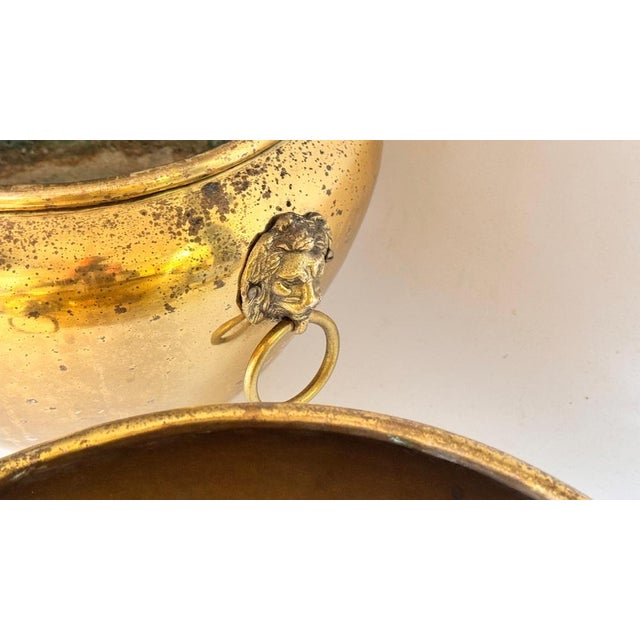 French Brass Cache-Pots with Lion Head Ornaments and Ring Handles, 1950s, Set of 2 For Sale - Image 4 of 18