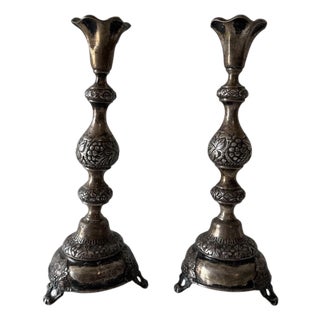 Rare 19th C. Antique Silver Judaica Shabbat Candlesticks Polish Szekman For Sale