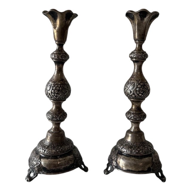 Rare 19th C. Antique Silver Judaica Shabbat Candlesticks Polish Szekman For Sale