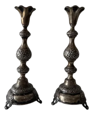 Rare 19th C. Antique Silver Judaica Shabbat Candlesticks Polish Szekman