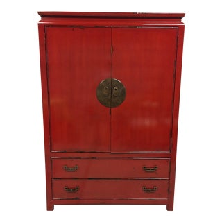 Red Lacquered Distressed Armoire For Sale
