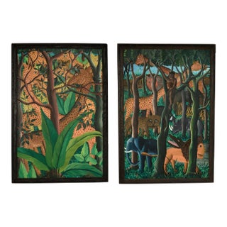 Mid Century Haitian Paintings of Jungle Scenes by Felix Bryoché - Set of 2 For Sale