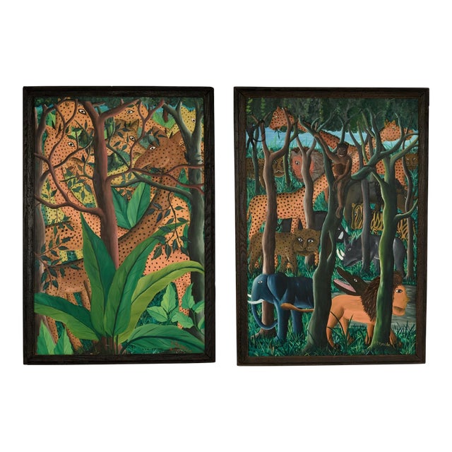 Mid Century Haitian Paintings of Jungle Scenes by Felix Bryoché - Set of 2 For Sale