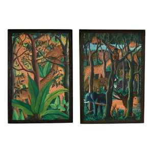 Mid Century Haitian Paintings of Jungle Scenes by Felix Bryoché - Set of 2