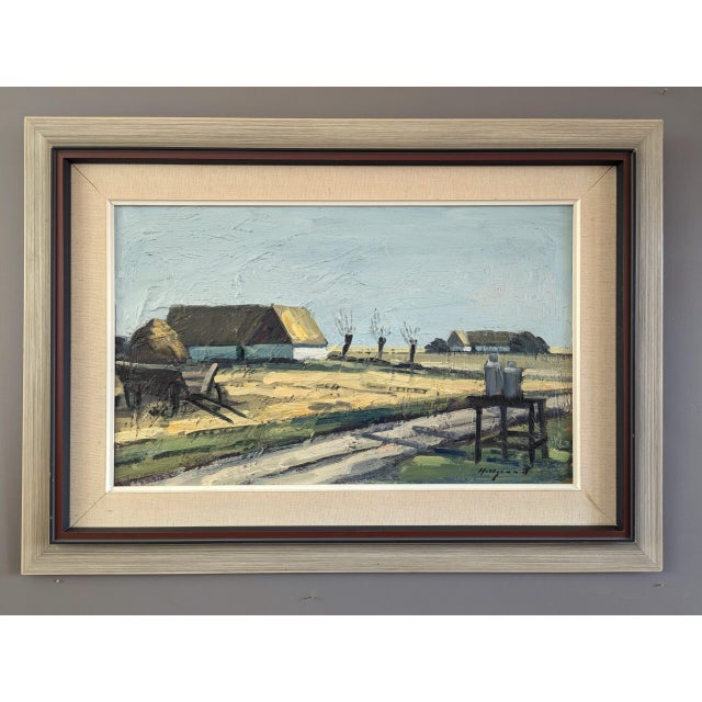 QUIET DAYS ON THE FARM Size: 24.8 x 34.6 inches (including frame) Oil on board A wonderfully textured and tranquil mid-...