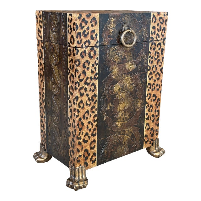 1990s Regency Safari Cheetah Gilt Embossed Metal Claw Feet Trunk For Sale