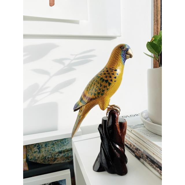 Vintage Cloisonne on Faux wood stand. Brass beak and claws. Vibrant happy yellow.
