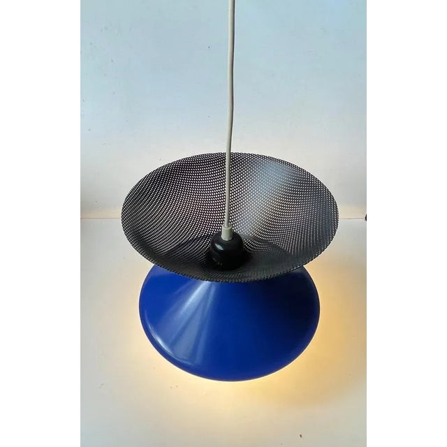 1970s Vintage Italian Blue Diablo Pendant Ceiling Lamp with Brass Disc, 1970s For Sale - Image 5 of 8