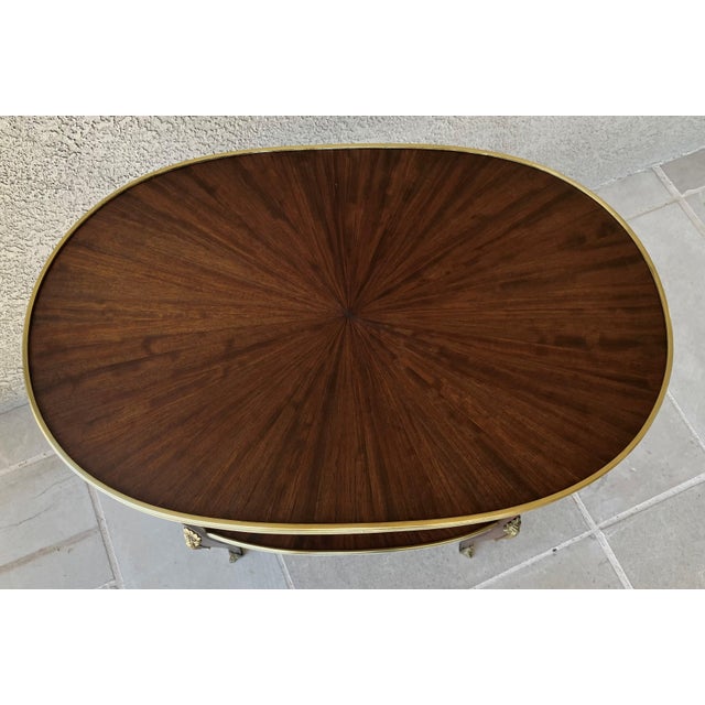 Circa 1930 Louis XVI-Style Mahogany Starburst Marquetry Two-Tier Oval Accent Table With Brass Mounts For Sale - Image 11 of 18