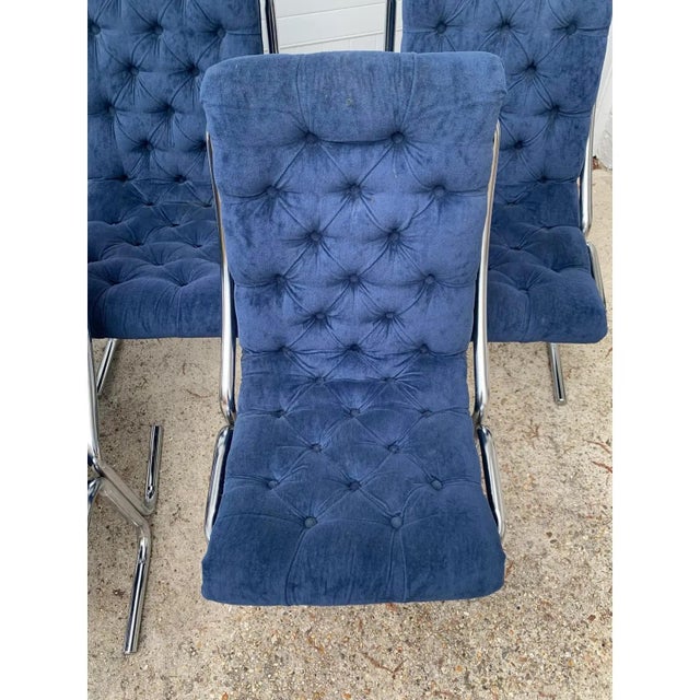 Blue MCM Daystrom Chrome Cantilever Blue Tufted Dining Chairs (Milo Baughman Style) - Set of 6 For Sale - Image 8 of 12