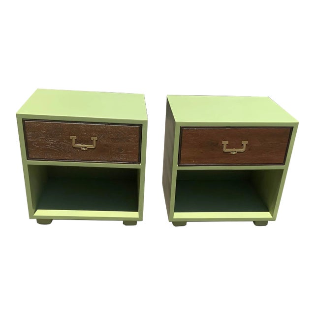 Pair of Mid Century Campaign Night Stands With Custom Finish For Sale
