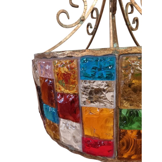 Wrought Iron and Hammered Glass Pendant Light by Longobard, Italy, 1970s For Sale - Image 4 of 10