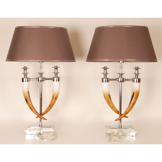 Vintage Chrome Table Lamps Faux Horn Silver Marble Base Modern Table Lamps a Pair For Sale - Image 10 of 11