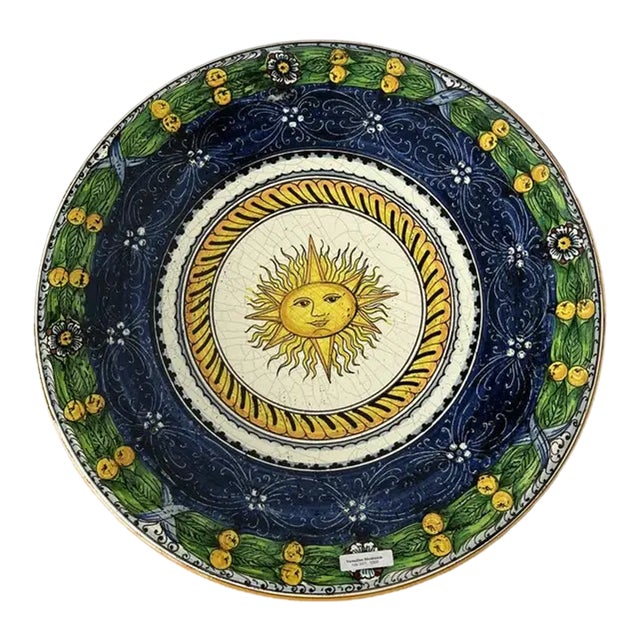 1990s Italian Hand-Painted Blue and Green Ceramic Round Sun Center Wall Plate For Sale