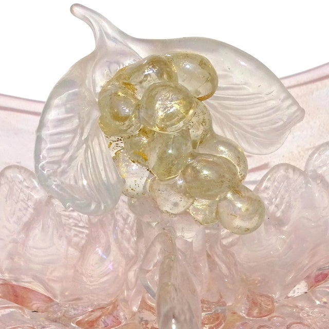 Glass Antique Murano Pink Opal Gold Flecks Iridescent Diamond Quilted Surface Italian Art Deco Glass Serving Bowl For Sale - Image 7 of 12