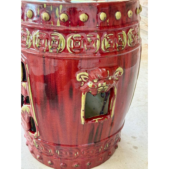 Ruby Red Vintage Oxblood Red Chinese Ceramic Glazed Garden Stool With Pierced Detailing For Sale - Image 8 of 12