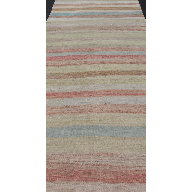 Baby Blue Mid 20th Century Very Long Vintage Turkish Kilim Runner With Stripe Design in Soft Colors For Sale - Image 8 of 11