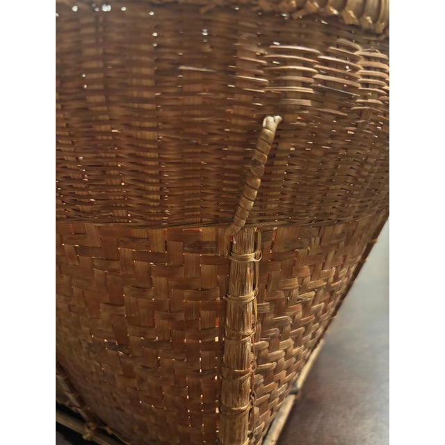 Auburn 15 Inch Wide Vintage Handwoven Round Reed Market Basket With Strap Loops Mid-20th Century Organic Modern Storage For Sale - Image 8 of 9