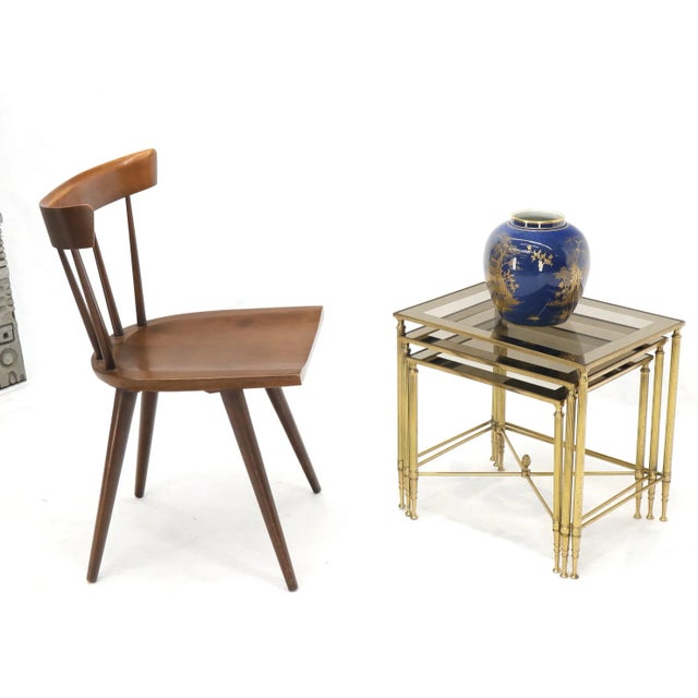 Set of three Italian modern brass and mirrored border glass tops nesting side end tables.