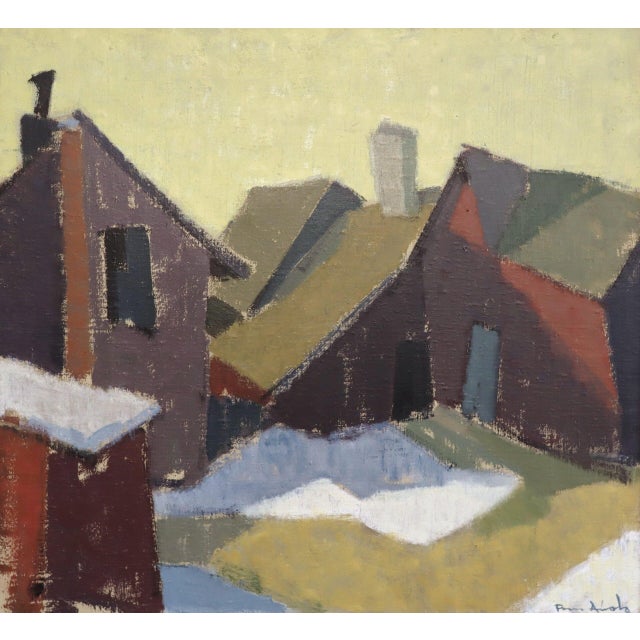 Mid-Century Modern 'Houses in Snow' Vintage Street Scene Oil Painting by Finnish Artist Paavo Airola (1918 – 1983), Framed For Sale - Image 9 of 13