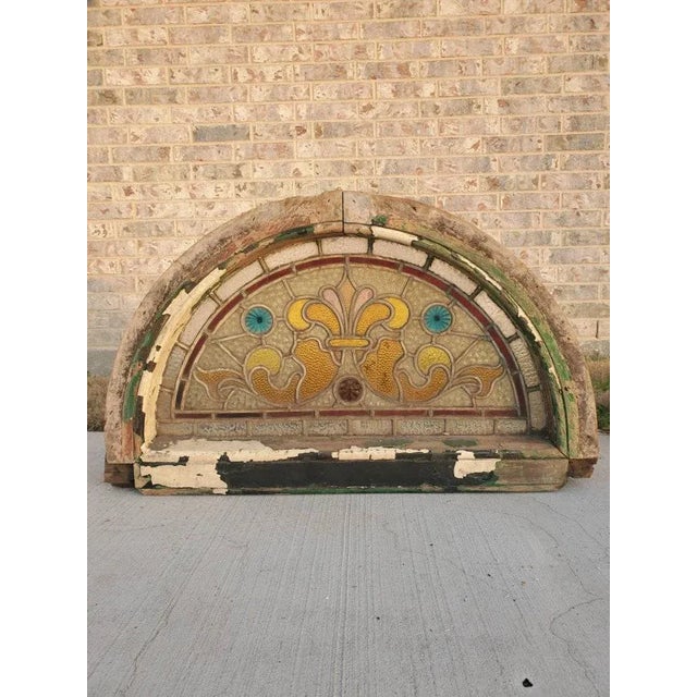 Victorian 19th Century Victorian Era Architectural Salvaged Stained Glass Panel Transom Fanlight Window in Original Arched Wooden Frame For Sale - Image 3 of 13