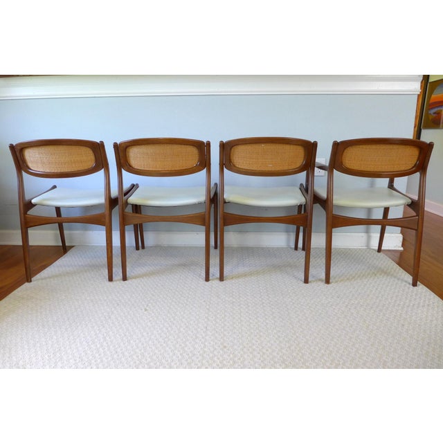 1960s Kofod Larsen for Selig Cane Back Walnut Dining Chairs with White Leather Seats Set of 4