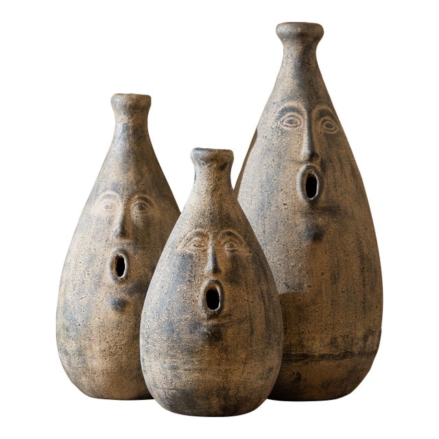 Large 1960s Oversized Mid-Century Pottery Figurative Face Vases - Set of 3 For Sale