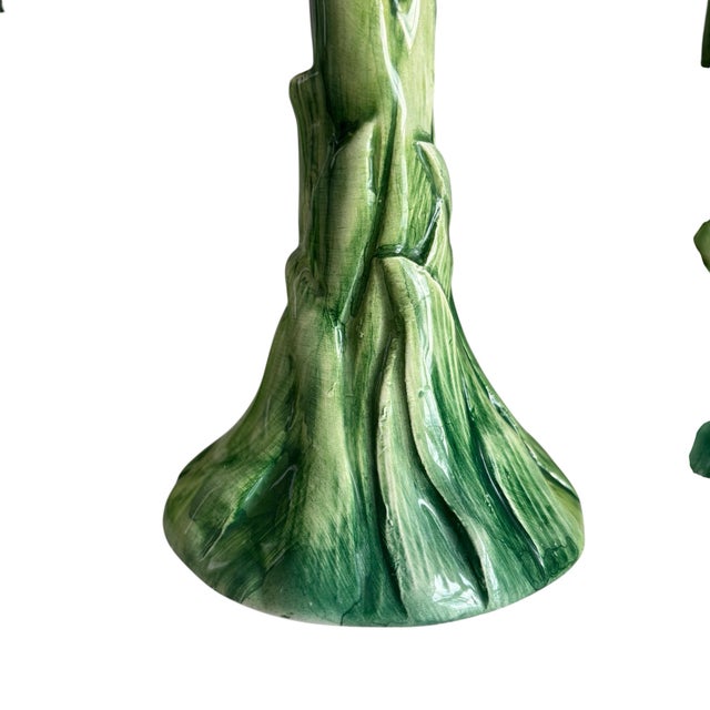 Italian majolica set of three absolutely stunning hand-painted daffodil candlestick holders. Vibrant bold colors. In...