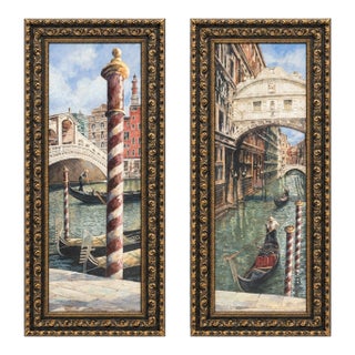 Late 20th Century Pair of Tall Venetian Canal Prints in Onyx Black and Hand-Gilded Frames For Sale