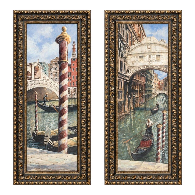 Late 20th Century Pair of Tall Venetian Canal Prints in Onyx Black and Hand-Gilded Frames For Sale