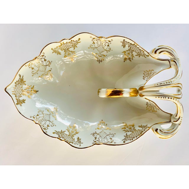Victorian Rare Antique German Sitzendorf, Voigt Brothers Porcelain 'Dresden Style' Bowl, Vide Poche, With Ornate Handle and Intricate, Filigreed Gilt Detailing For Sale - Image 3 of 12