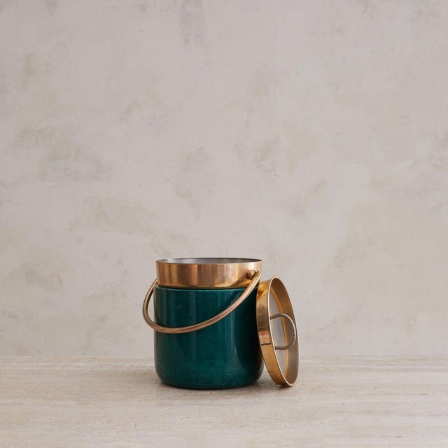 Aldo Tura Italian Green Goatskin + Brass Cocktail Set Attributed to Aldo Tura, 1970s For Sale - Image 4 of 11