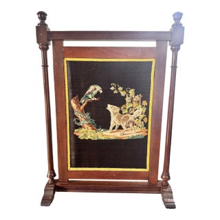 Victorian Style Needlepoint Parrot With Dog Fire Screen For Sale