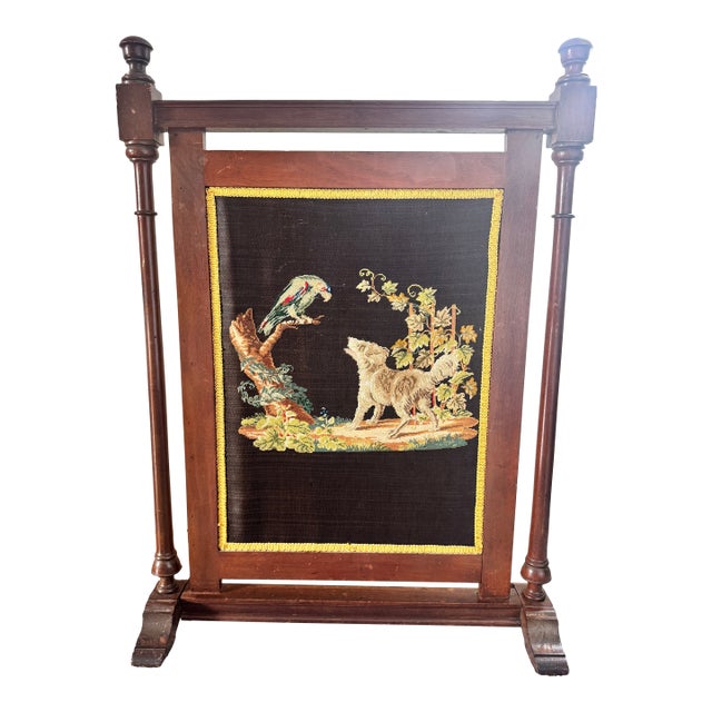 Victorian Style Needlepoint Parrot With Dog Fire Screen For Sale