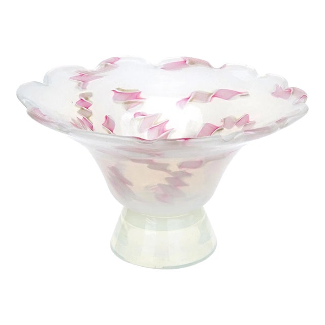 Murano Fratelli Toso Opalescent Pink Aventurine Ribbons Vintage Italian Art Glass Footed Bowl For Sale