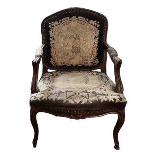 Antique 19th Century French Louis XV Needlepoint Bergere, Fauteuil Chair With Bird and Dog Motif and Velvet Back For Sale
