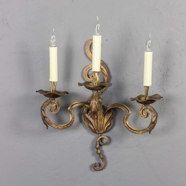 French Pair of French Gilt Wrought Iron Three-Arm Wall Sconces, Louis XV Style, 1920s For Sale - Image 3 of 9