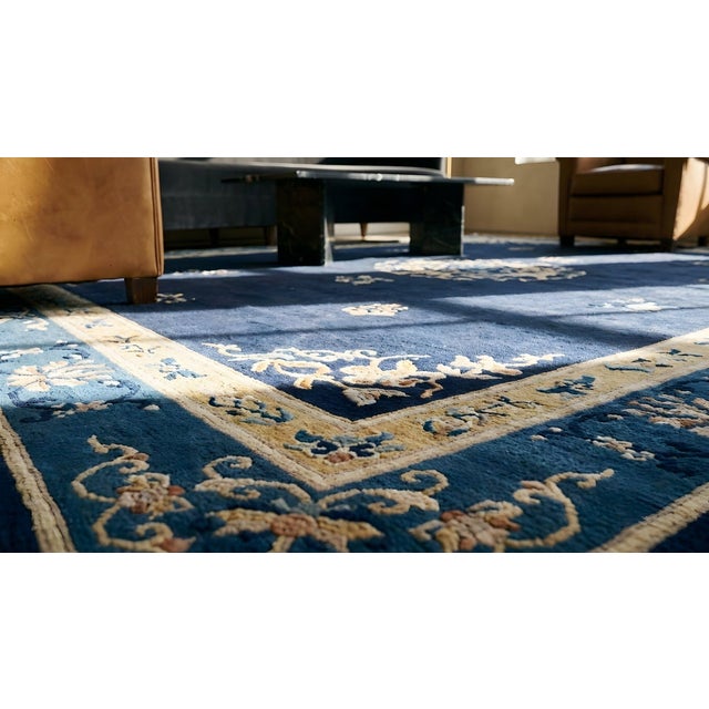 1920s Blue Navy Medallion Antique Chinese Peking Carpet 9'2" X 11'8" Knotted Wool Rug For Sale - Image 15 of 15