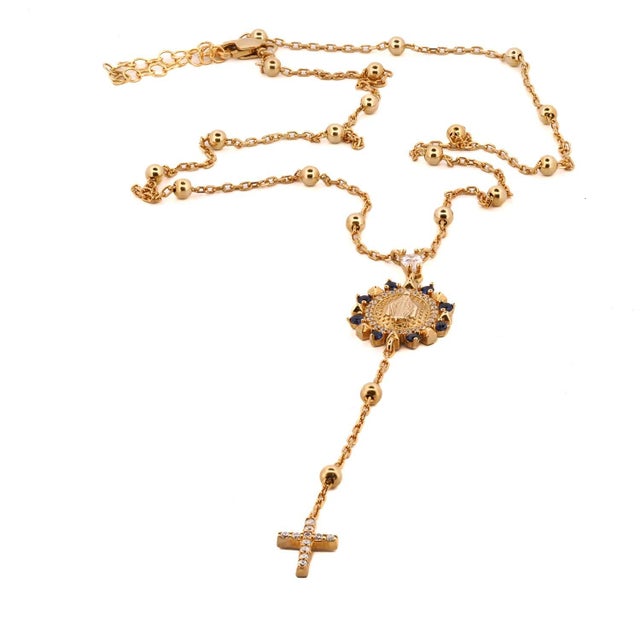 Contemporary Sapphire & Diamond Virgin Mary Cross Pendant Gold Chain Necklace For Sale - Image 3 of 9