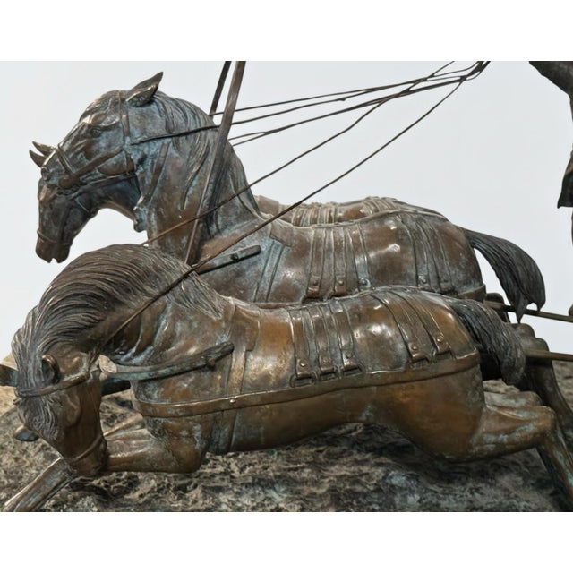 Russian Bronze Large Sculpture Kaza a peasant sleigh, trio of horses pulling it, one man with flask one with a musical...