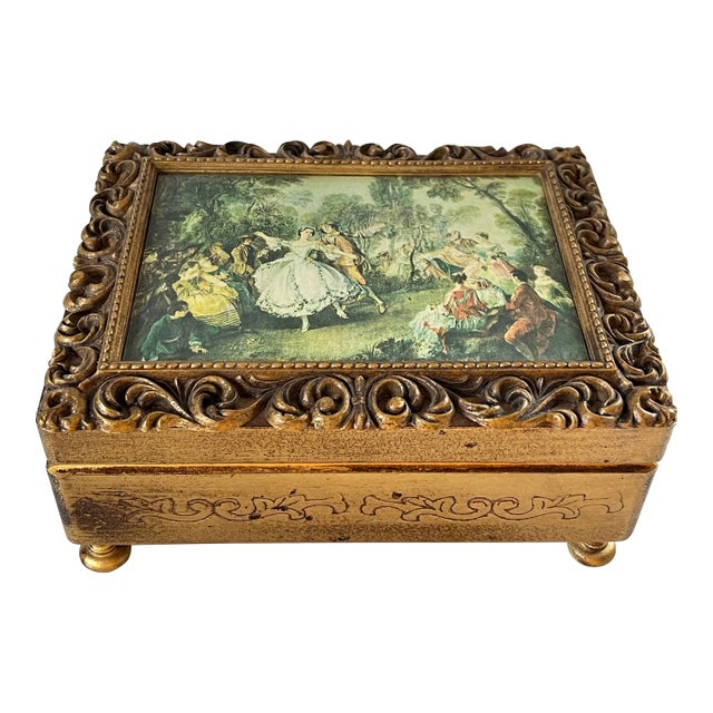 Vintage Gilded Wood Jewelry Music Box For Sale